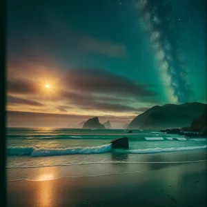 Tranquil Coastal Sunset Over Sparkling Ocean Waters