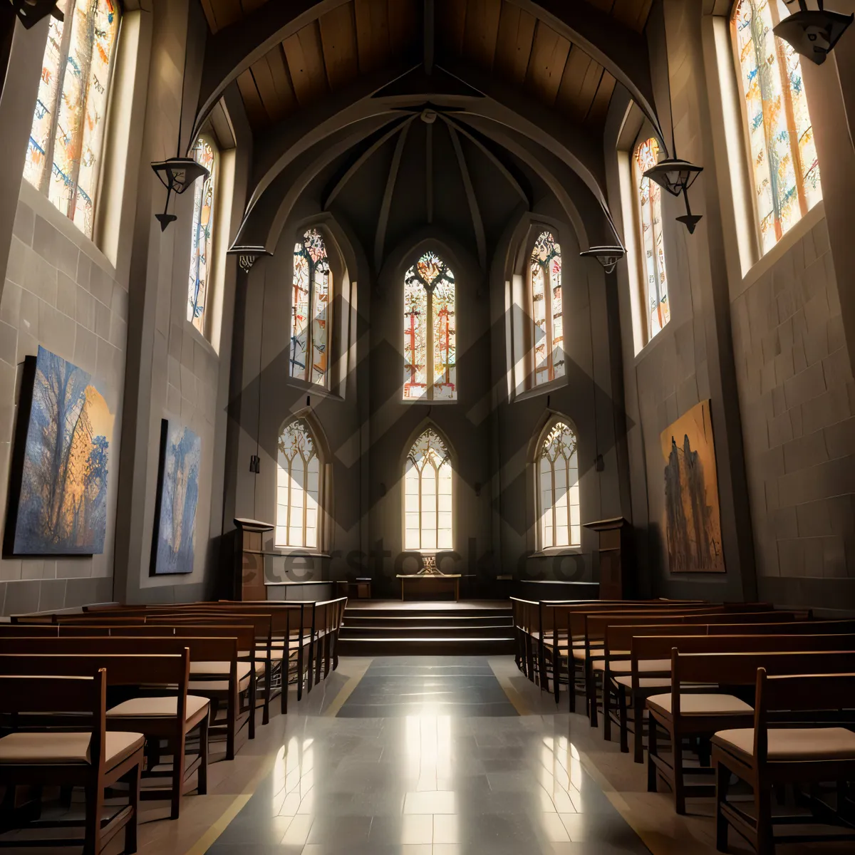 Picture of Ancient Catholic Cathedral Interior with Gothic Architecture