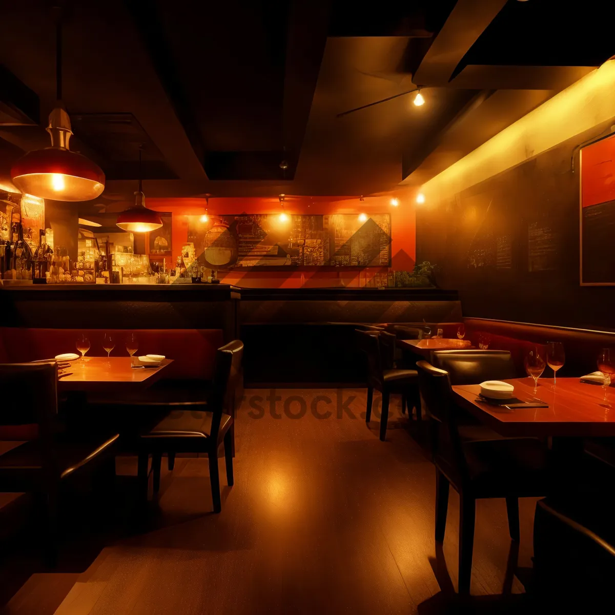 Picture of Modern restaurant interior with wooden furniture and ambient lighting.