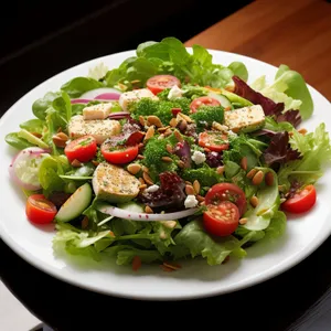 Fresh gourmet salad with grilled vegetables and tangy dressing.