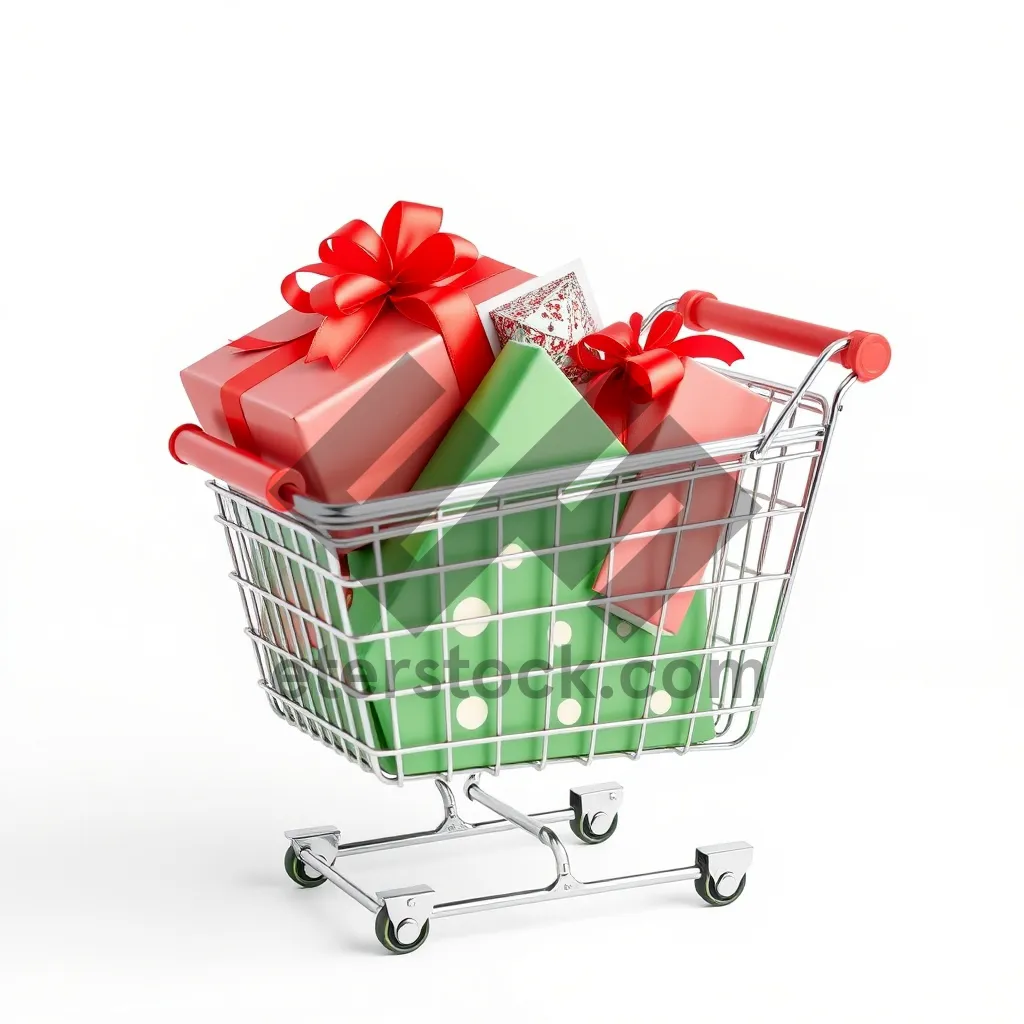 Picture of 3D shopping cart with metal wheel in empty supermarket