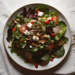 Gourmet salad with fresh vegetables and savory meat