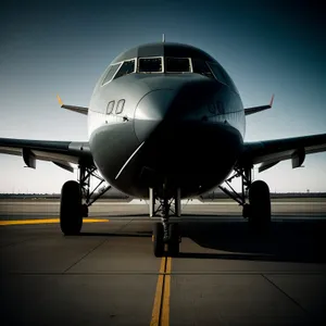 Jet airplane soaring through airport sky