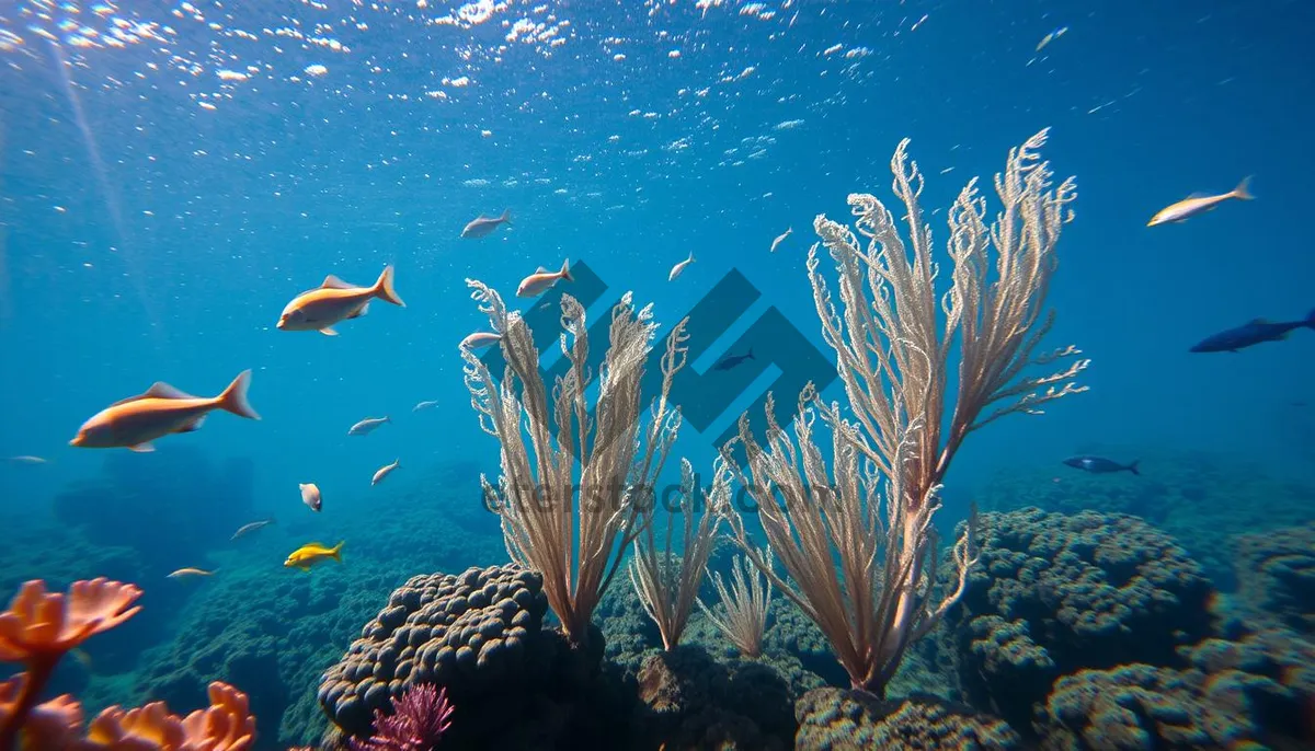 Picture of Colorful Coral Reef Underwater Scene with Bright Sun Rays