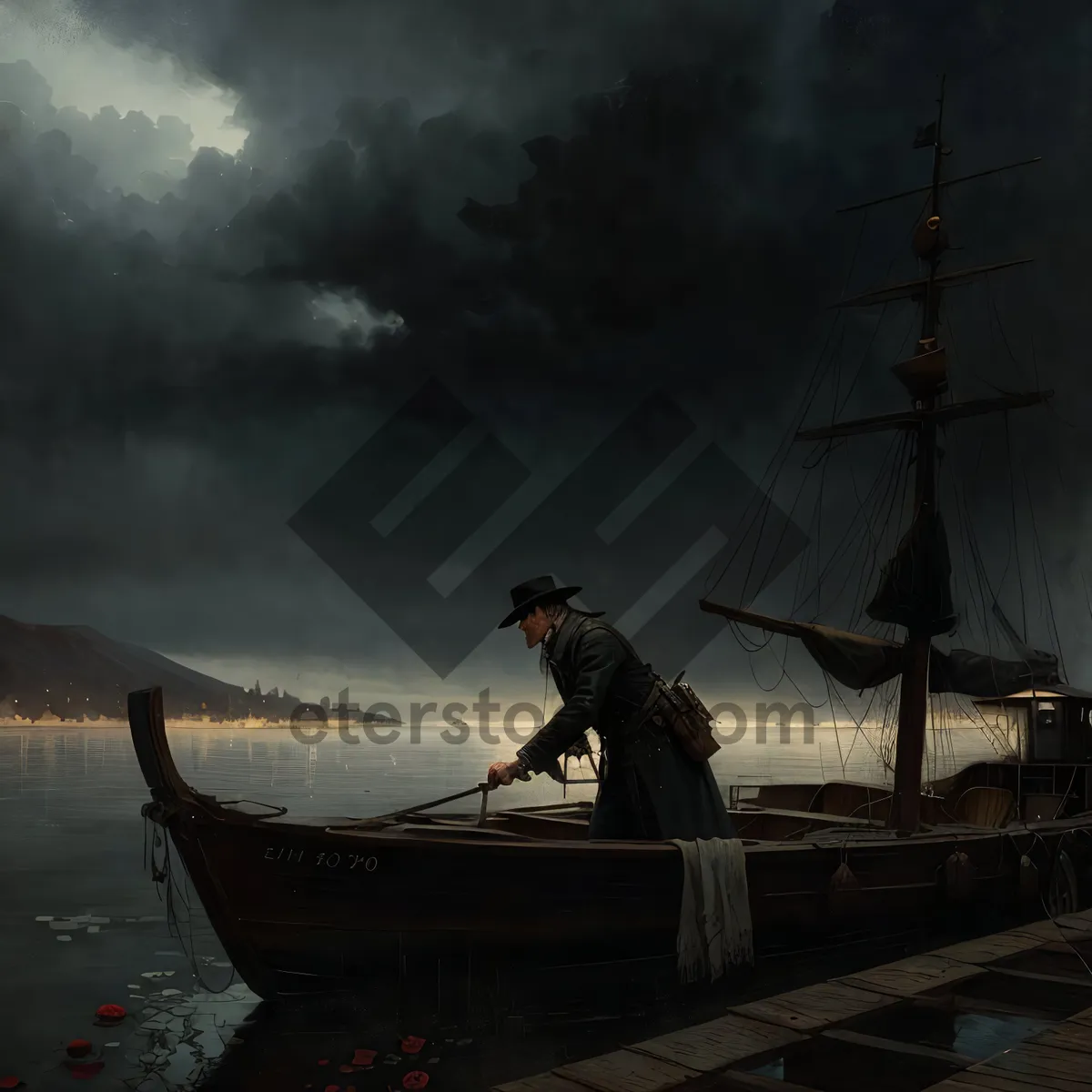 Picture of Serenity at Sea: Sunset Vessel on Water's Edge