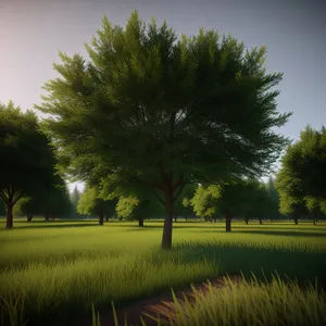 Serene countryside vista with lush meadows and vibrant trees.