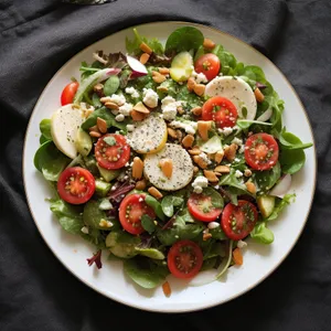 Delicious gourmet vegetable salad with cheese and tomatoes