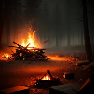 Fiery Night: Blazing Bonfire Illuminating Dark, Smoky Landscape