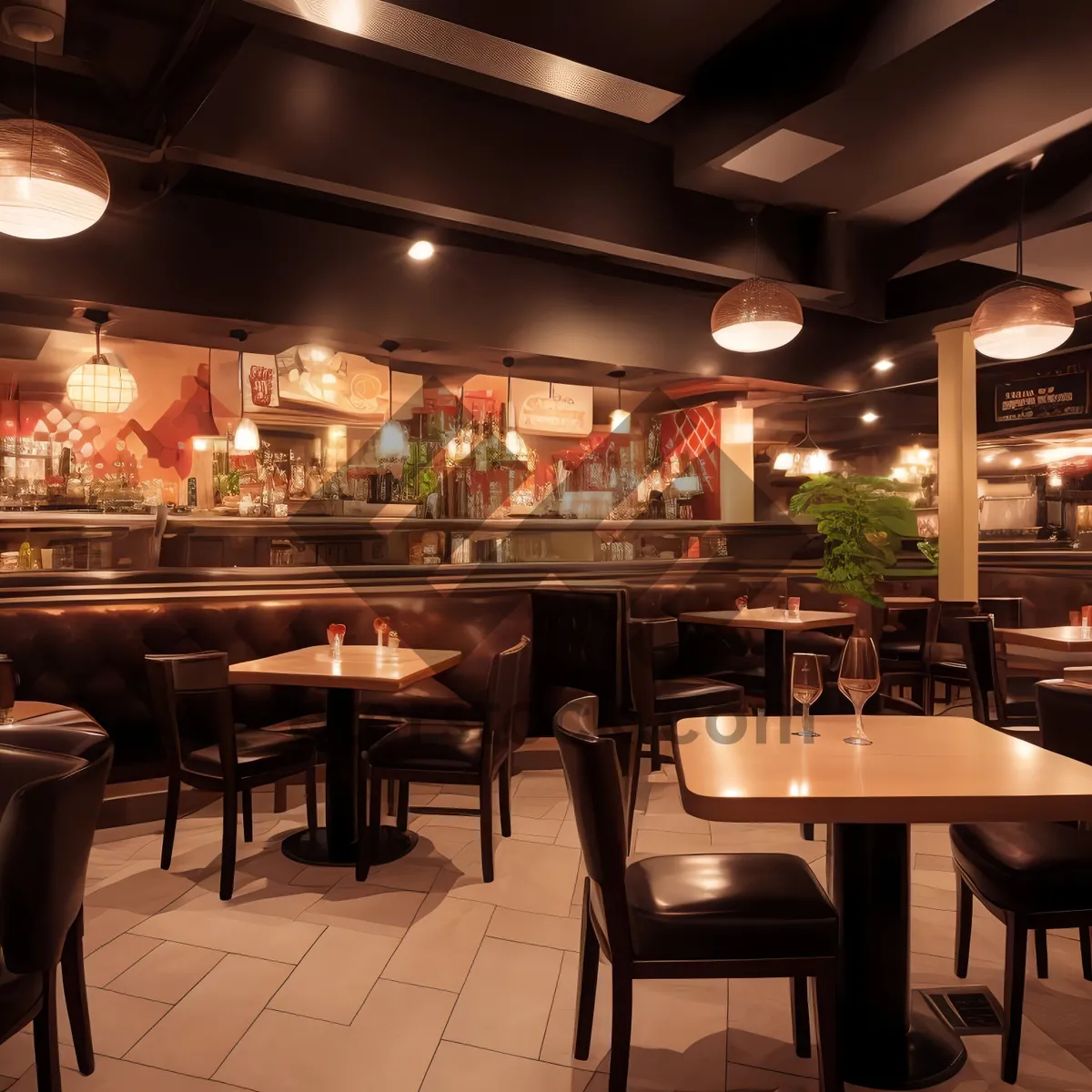 Picture of Modern design restaurant interior with wooden furniture and glass
