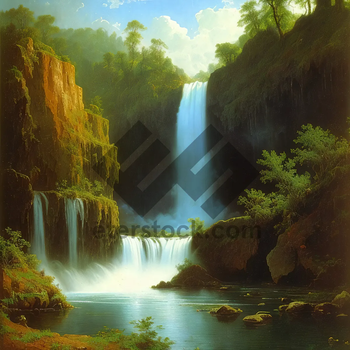 Picture of Serene Waterfall Flow in Lush Forest Landscape