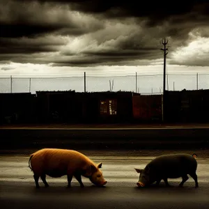 Pig grazing peacefully in rural pasture