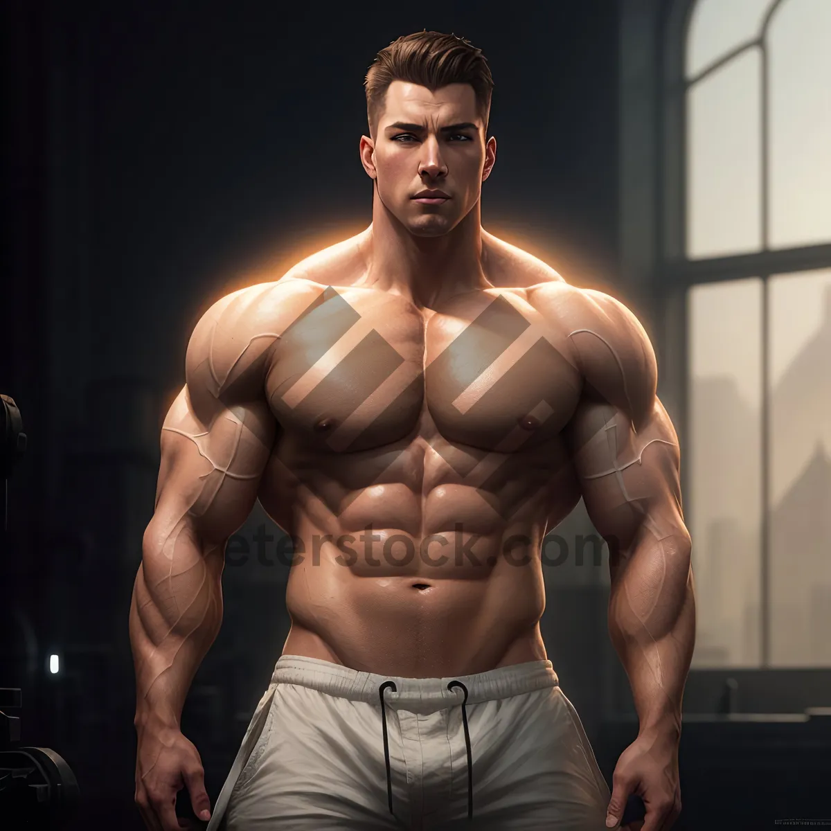 Picture of Muscular Male Bodybuilder Flexing Biceps in Gym