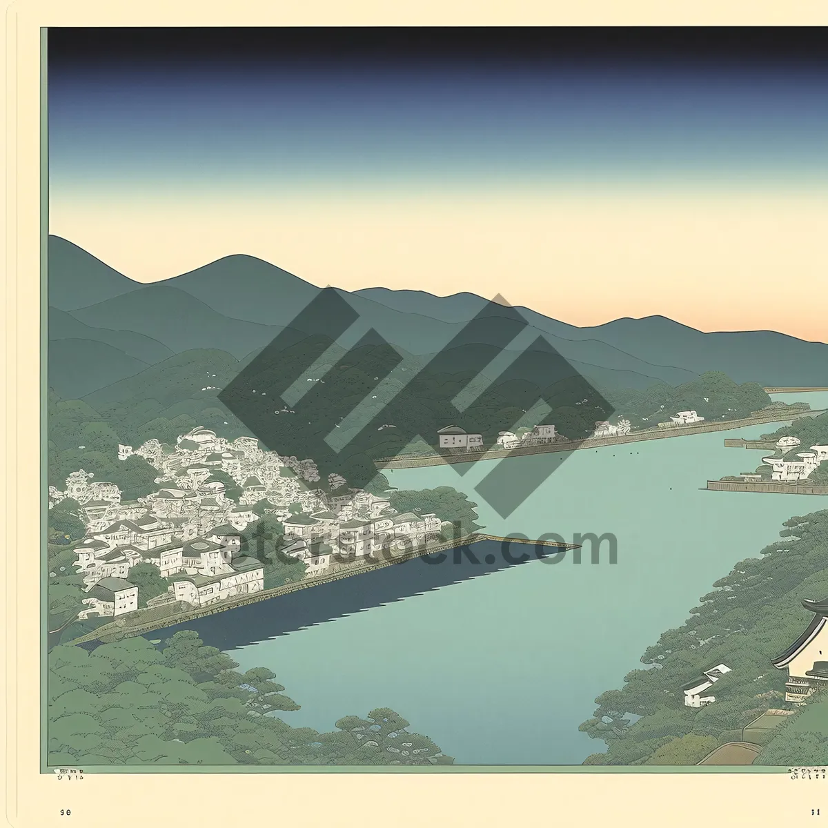 Picture of Vacation getaway: Serene waters embracing picturesque shoreline landscape.