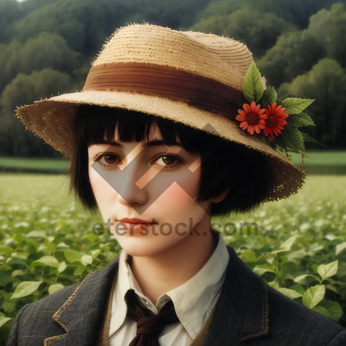 Picture of Attractive brunette woman smiling in stylish hat.