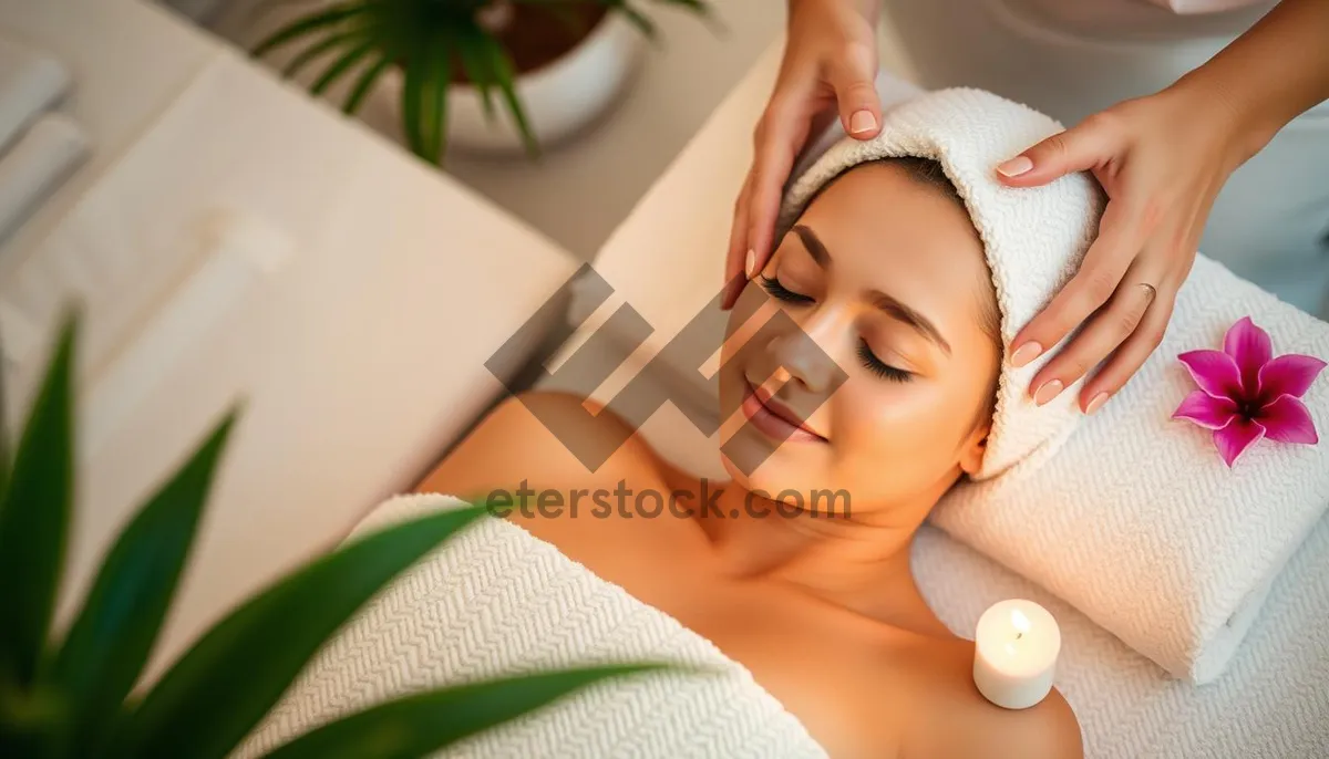 Picture of Smiling brunette woman relaxing at a resort spa.