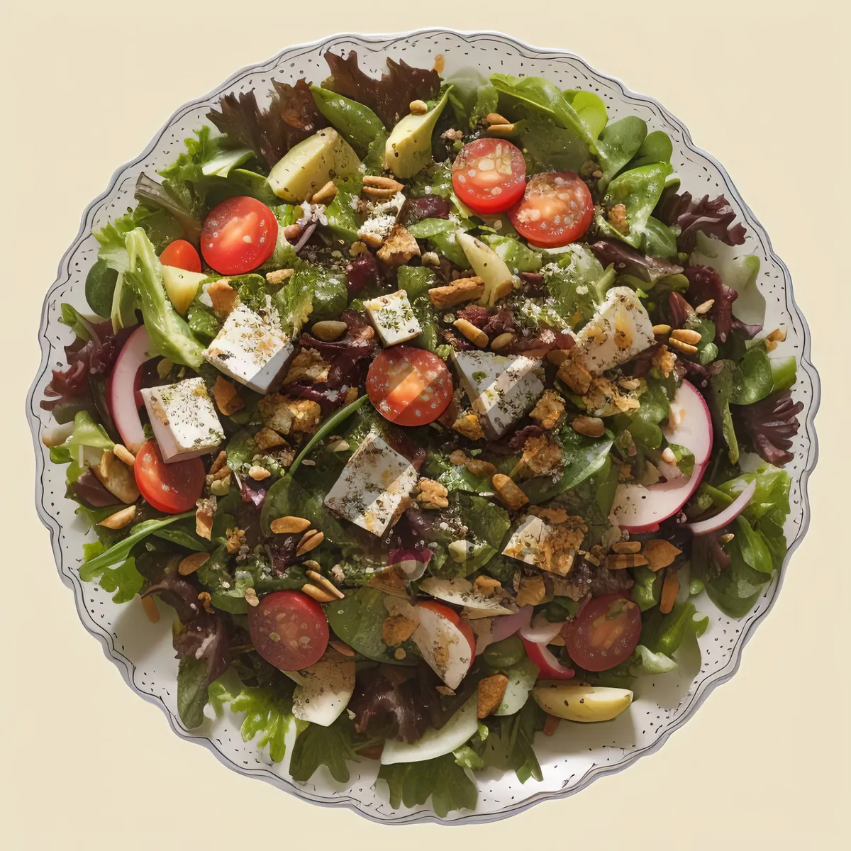 Picture of Gourmet salad with fresh vegetables and cheese.