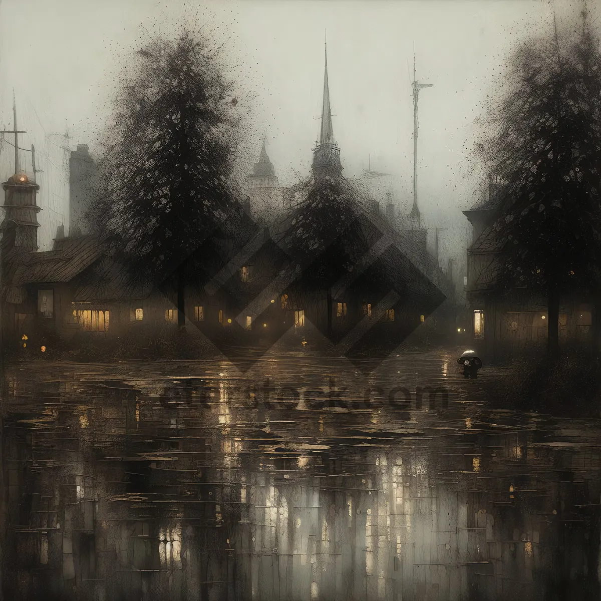 Picture of City skyline at sunset reflecting on water