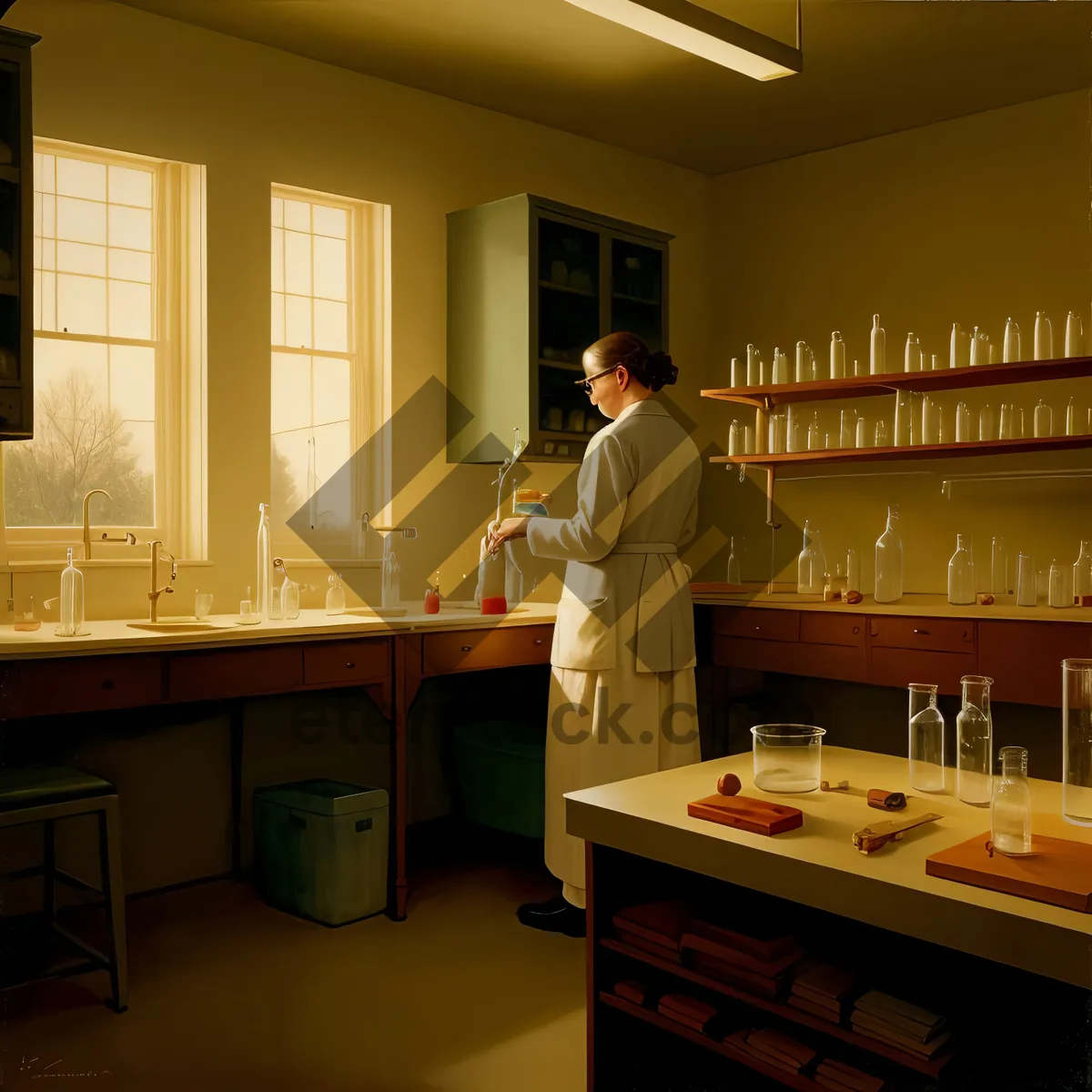 Picture of Modern Kitchen Interior with Wood Counter Table