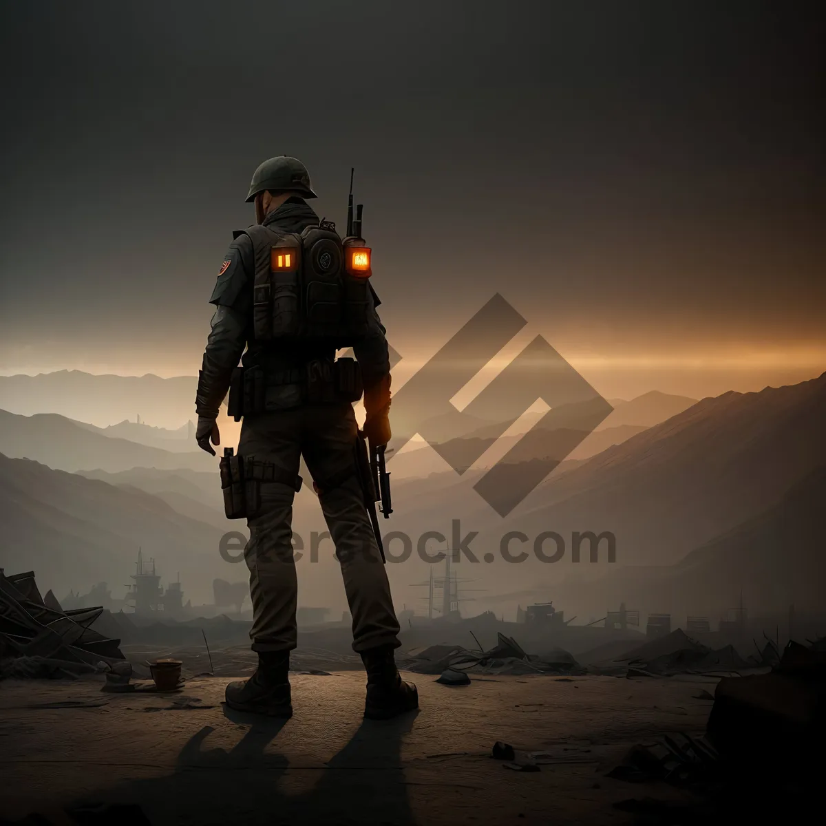 Picture of Active Hiker Climbing Mountain with Automatic Rifle