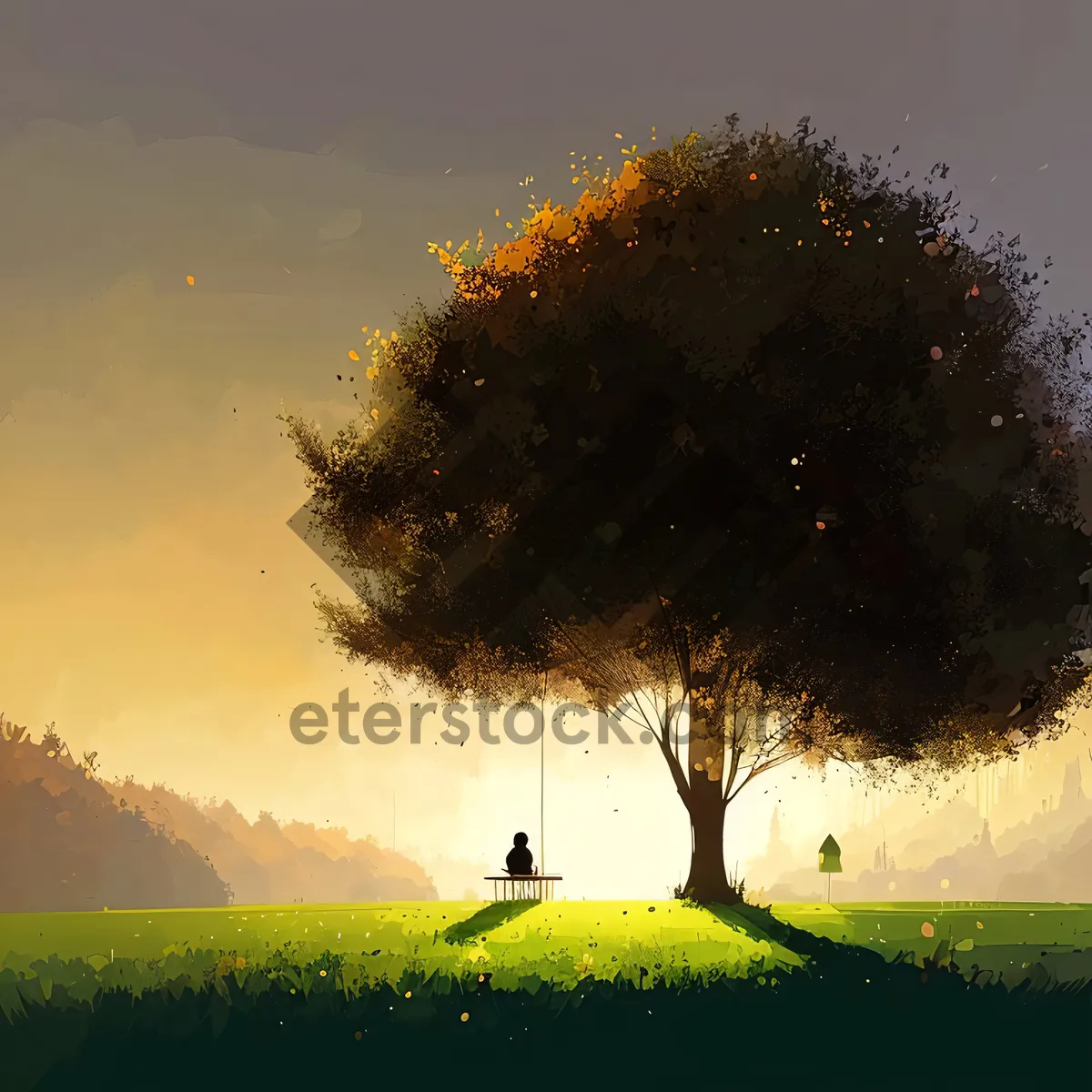 Picture of Idyllic Sunset Over Meadow with Majestic Trees