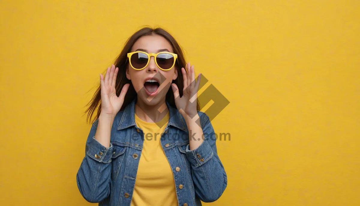 Picture of Smiling fashion model in sunglasses poses in studio