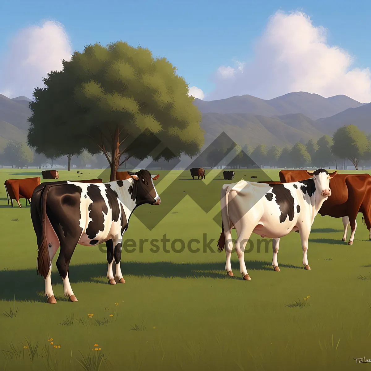 Picture of Idyllic Countryside Farm Landscape with Grazing Horses