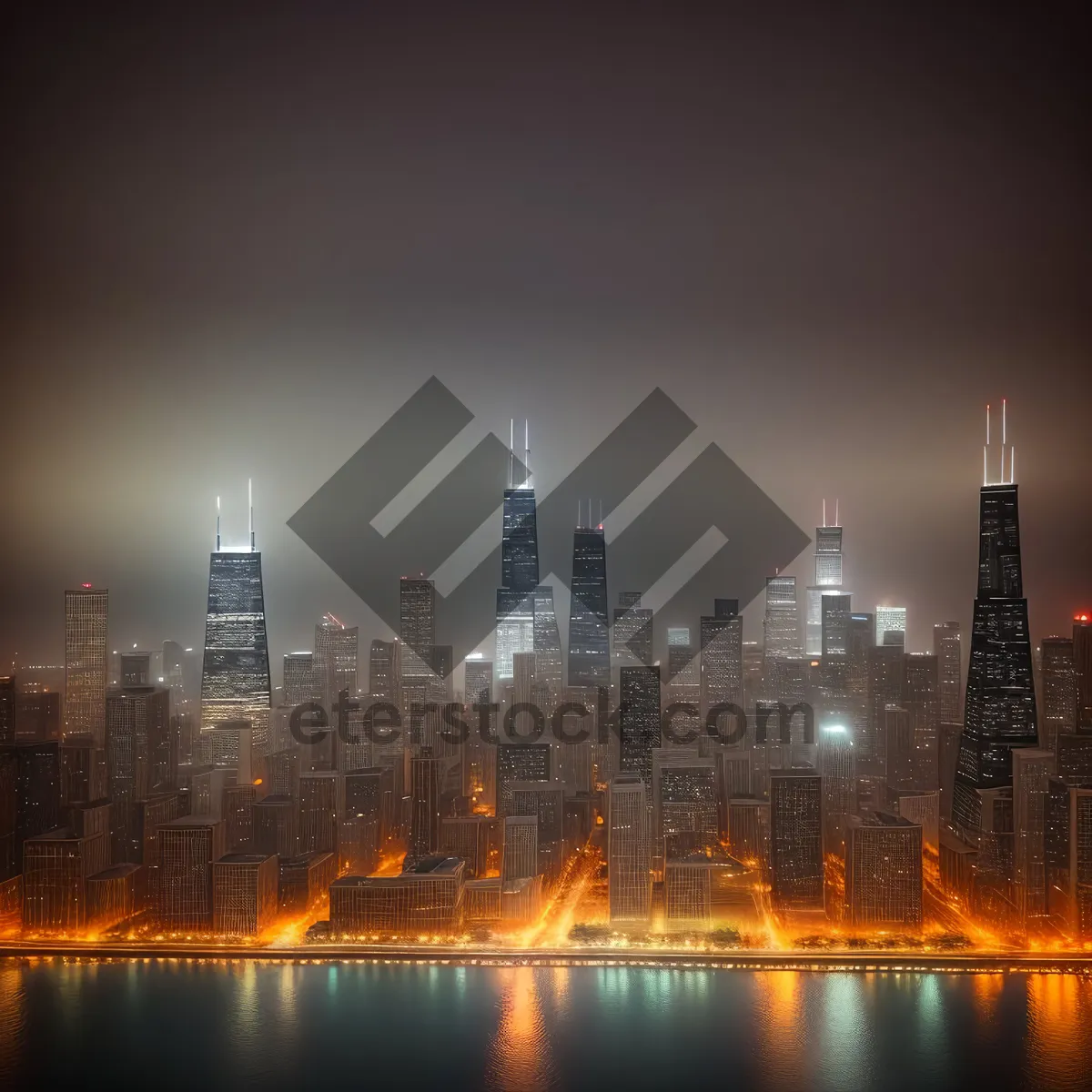 Picture of Nighttime Urban Skyline Reflection with Waterfront Skyscrapers