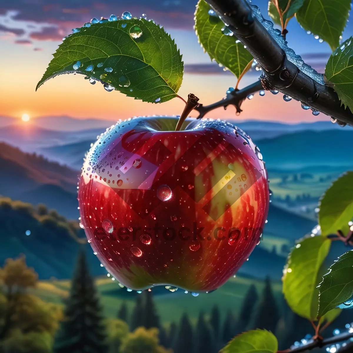 Picture of Fresh Juicy Apple Fruit on Tree Branch Garden