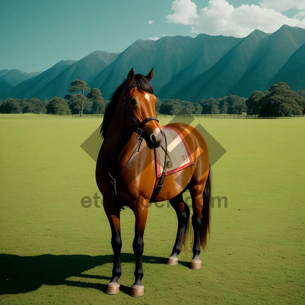 Picture of Brown Stallion Galloping in Rural Pasture