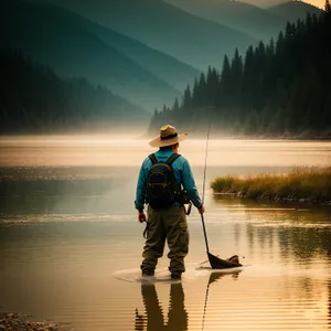 Fisherman enjoying serene lake and mountain backdrop