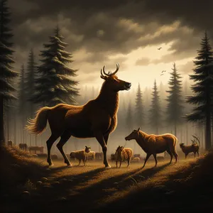Wild deer on rural farm with cowboy.