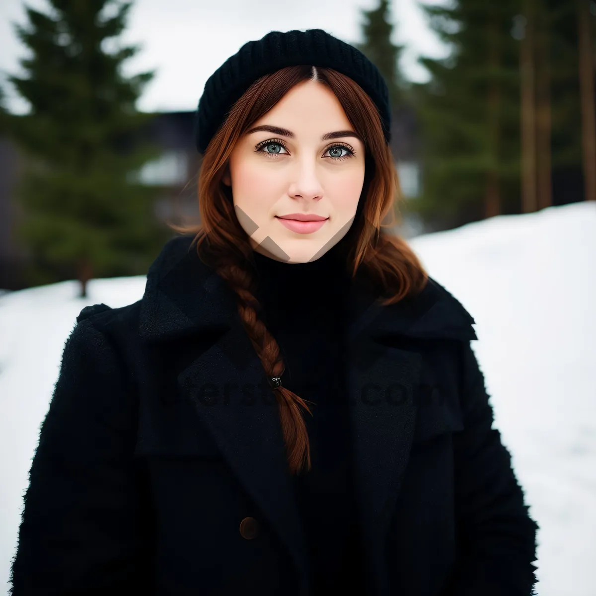 Picture of Smiling brunette businesswoman in attractive black robe