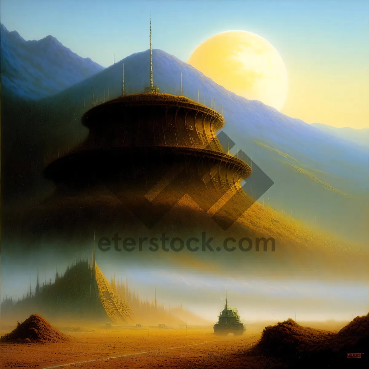 Picture of Mountain Shrine at Sunset: Majestic Celestial Landscape