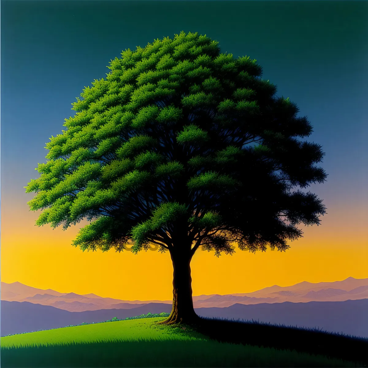 Picture of Serene Oak Tree Amidst Vibrant Countryside