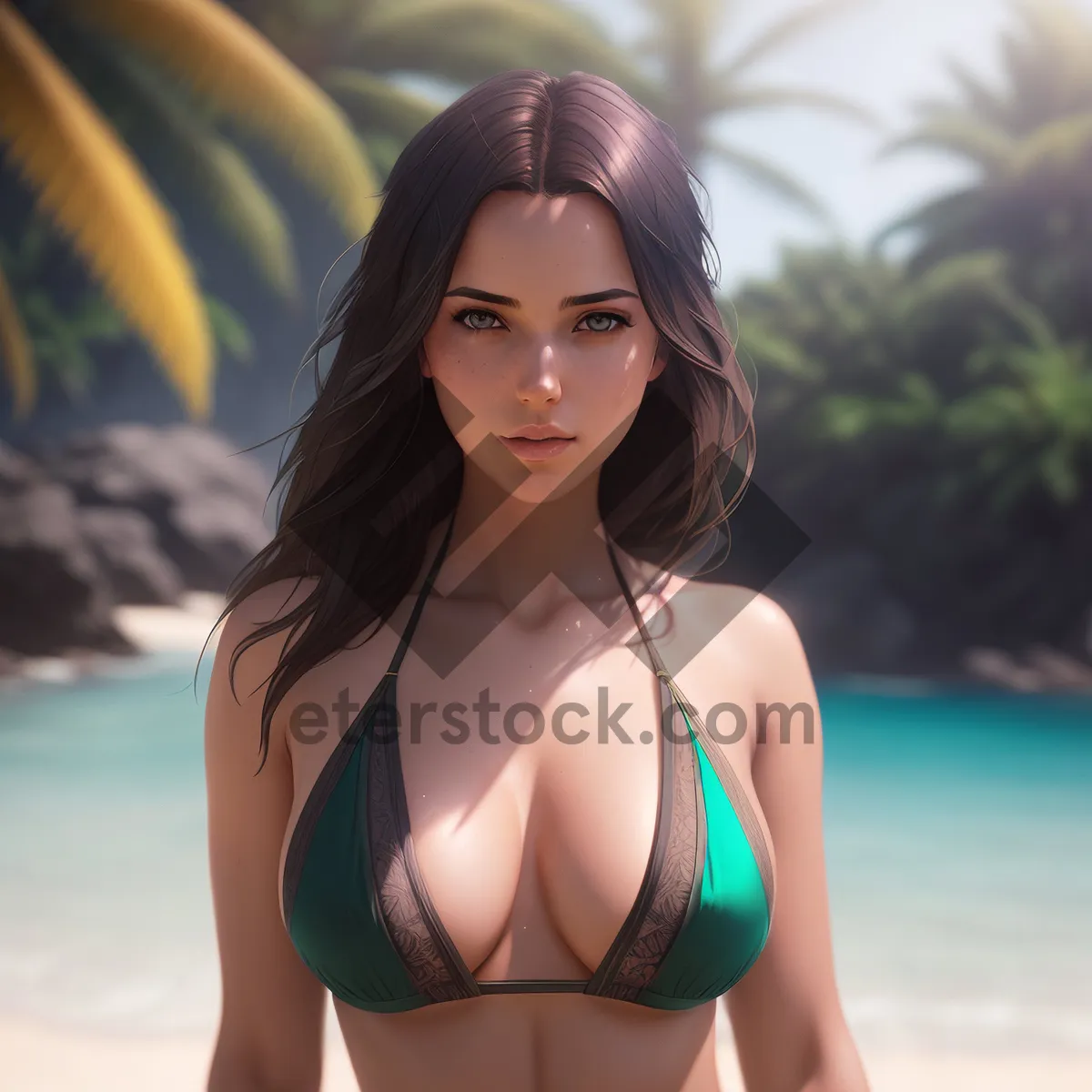 Picture of Seductive Beachwear: Attractive bikini model by the beach.