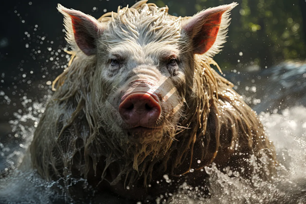 Picture of Cute piglet in rural farm field.