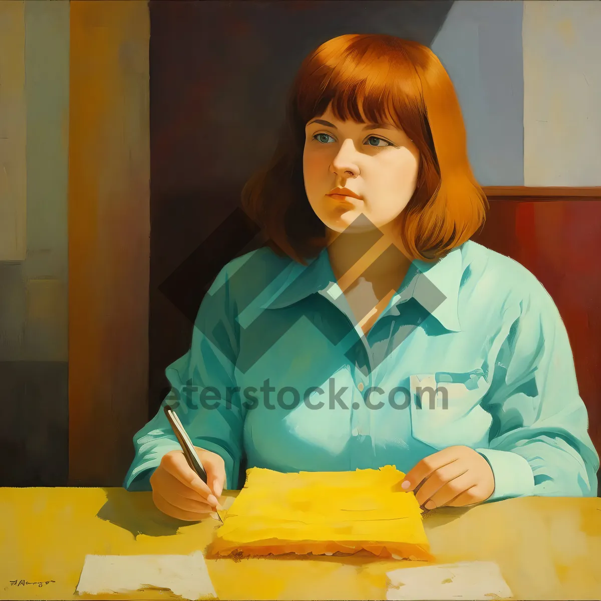 Picture of Happy woman sitting at desk in a domestic setting
