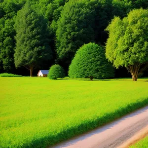 Serene countryside landscape with lush green grass and trees