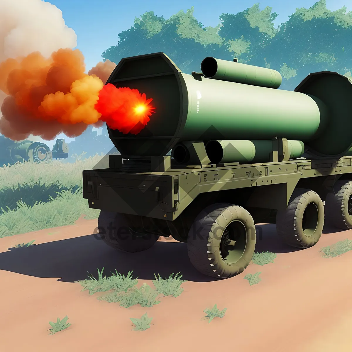 Picture of High-angle rocket launcher poised for combat.