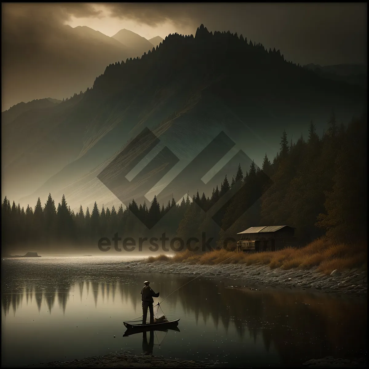 Picture of Tranquil Sunset Over Mountains and Reflective Lake