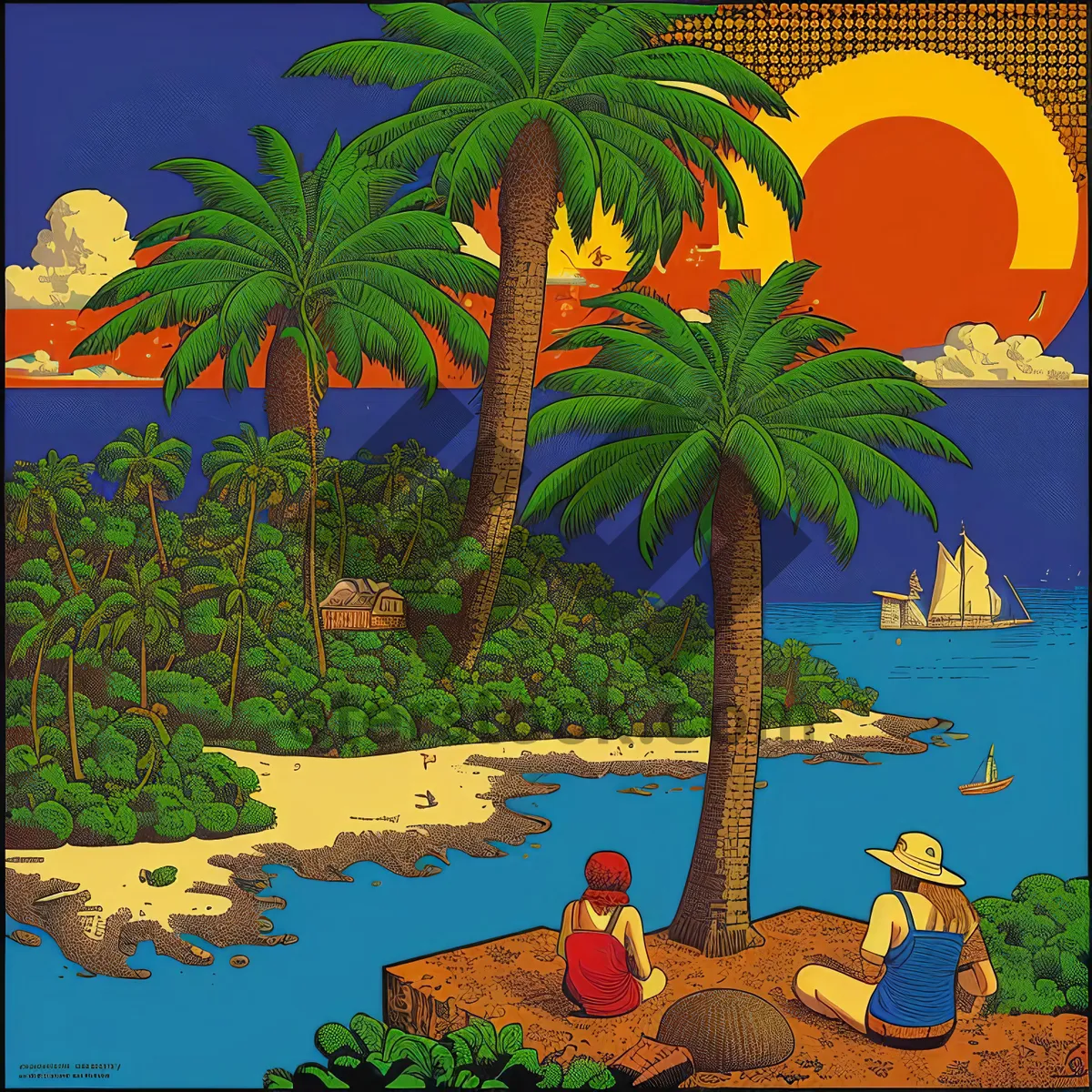 Picture of Tropical sunset beach paradise with palm trees.