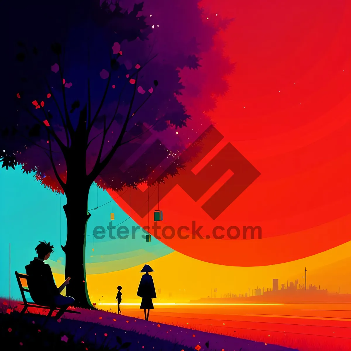 Picture of Night Sky Celebration: Colorful Silhouette of a Starlit Sun