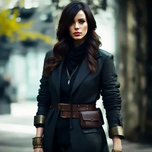 Stylish brunette student with a leather coat, smiling