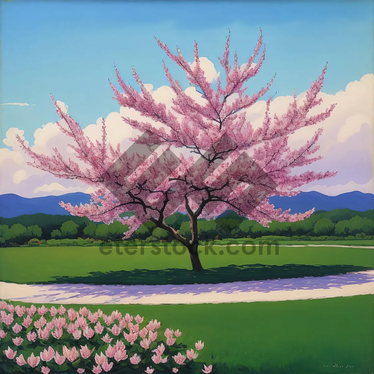 Picture of Colorful Rural Landscape with Western Redbud Tree