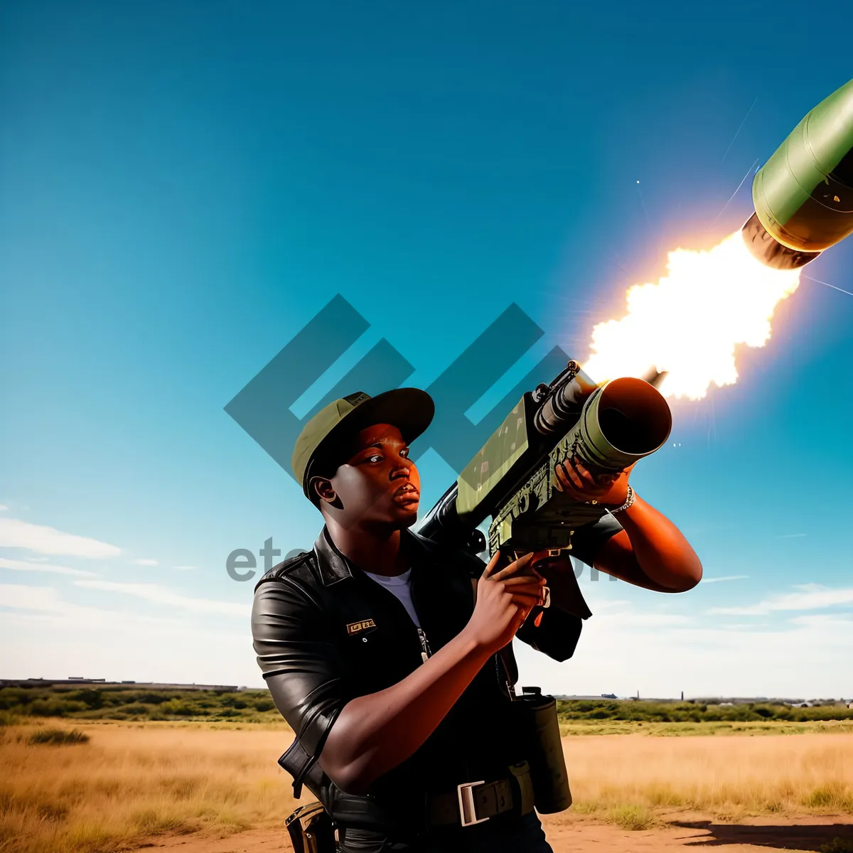 Picture of Skybound Man with Flamethrower amidst Grass