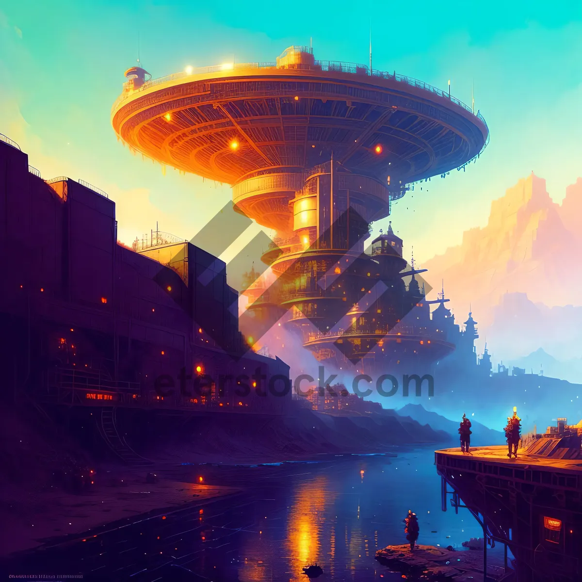 Picture of Radiant Skyline at Dusk: Golden Cityscape and Airship