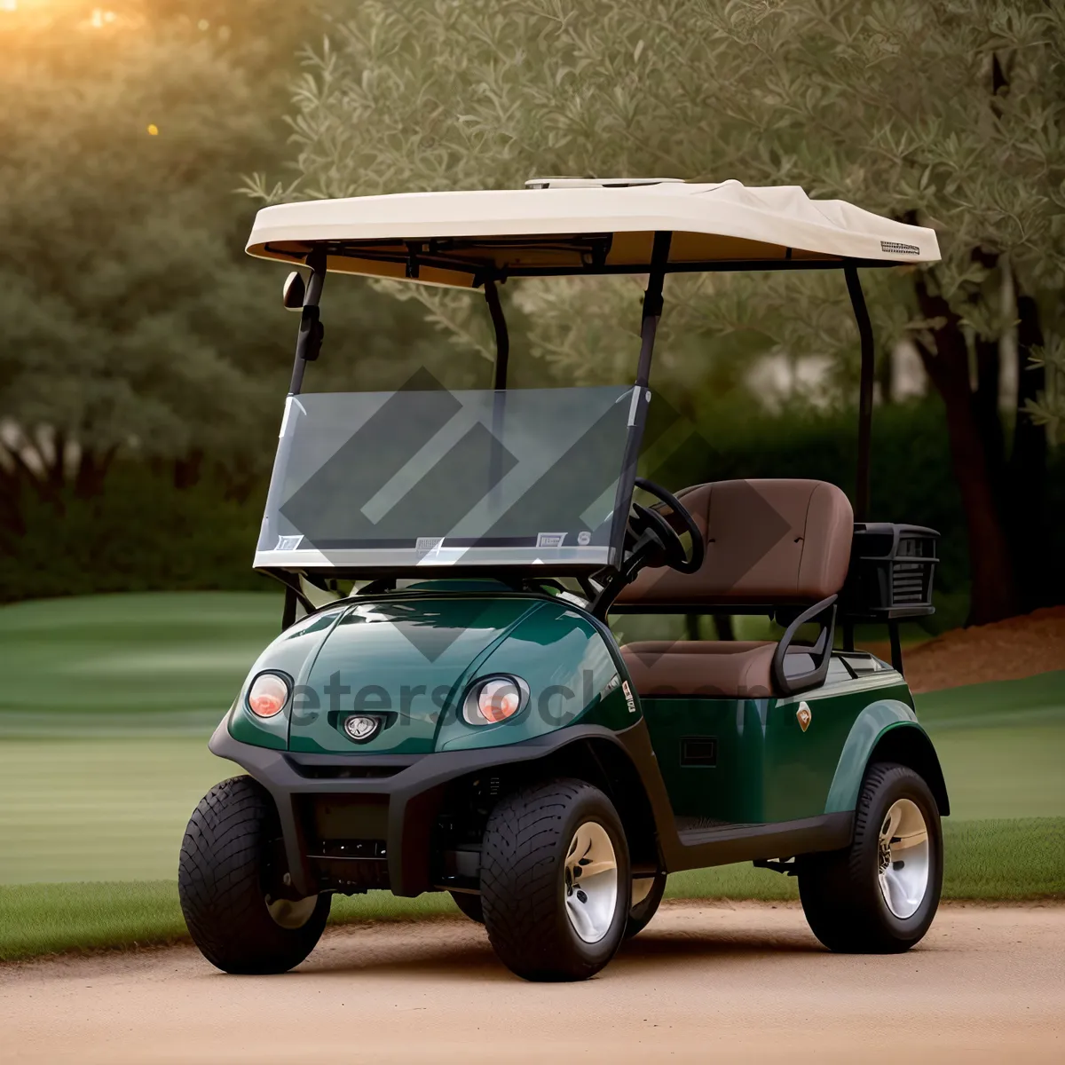 Picture of Golfer Driving Golf Cart on Grass