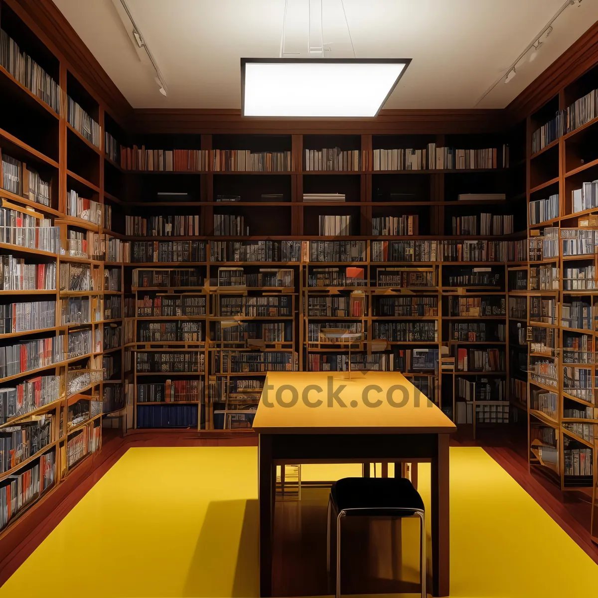 Picture of Interior library room with bookshelves and table.