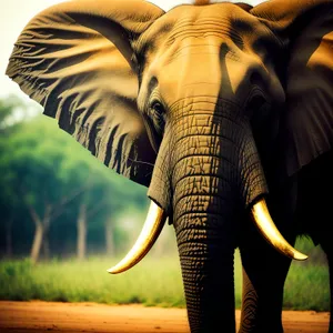 Majestic tusker roaming freely in wildlife sanctuary.