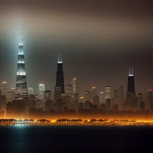 City Lights Reflection on Urban Waterfront Skyline